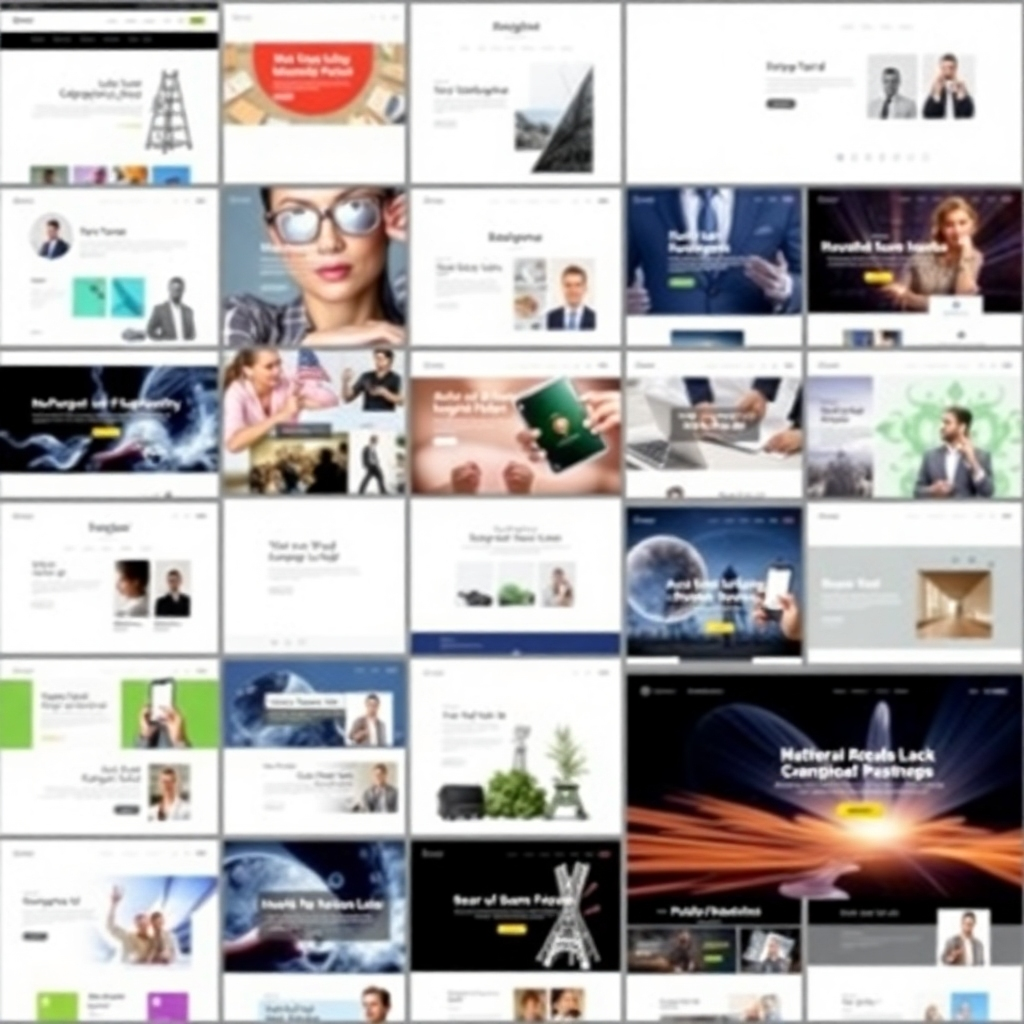 A gallery of website designs, showcasing different aesthetics. The designs should be visually appealing and professional. The image should demonstrate creativity, variety, and ability to cater to various business needs. Focus on visual appeal and attention-grabbing design elements.