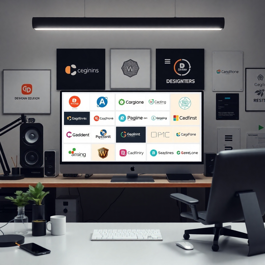 A photorealistic image of a designer's workspace with various branding elements (logos, color palettes, fonts) displayed on a screen. The image should convey a creative and professional atmosphere. Use muted tones and focused lighting to highlight details and professionalism. Showcase multiple design options to show the range of available services.