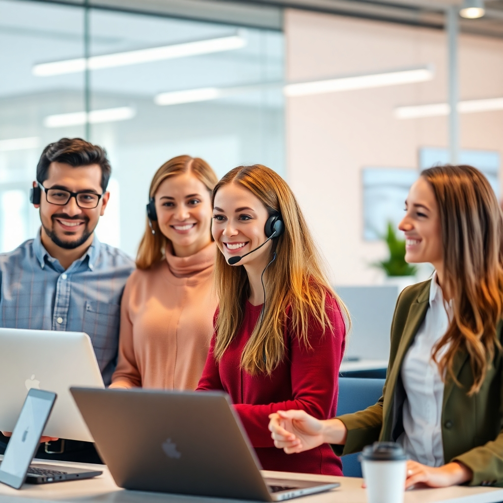 A photorealistic image of a friendly support team working together, suggesting a helpful and professional support system. The image should depict a positive, collaborative, and friendly environment. The background should include modern technological elements, without being overwhelming. The lighting should highlight the friendly environment and professionalism.