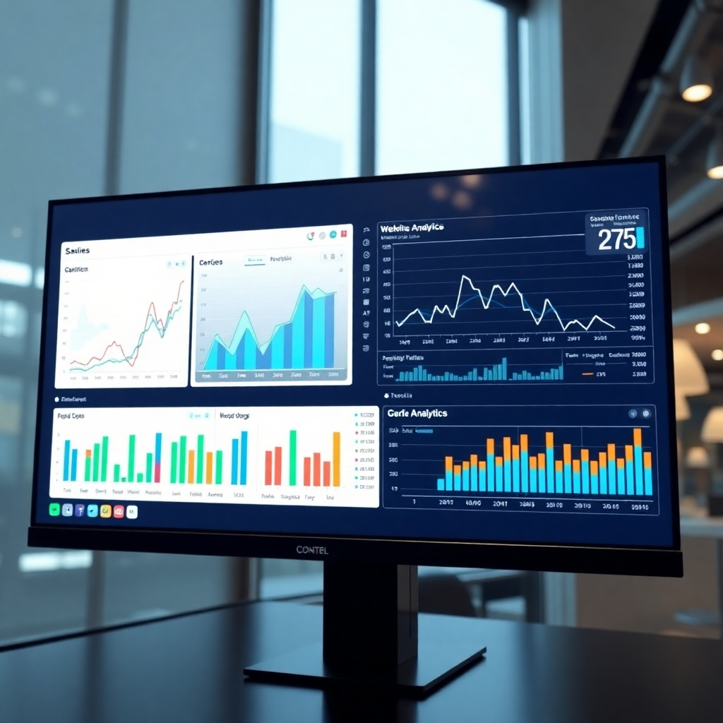 A photorealistic image of a large screen showing sales charts and website analytics. The screen should be sleek and modern, perhaps curved, to emphasize technological advancement. The image should convey a sense of control and understanding, suggesting data-driven decision-making. Focus on displaying diverse sales data, highlighting the value of data-driven analysis.