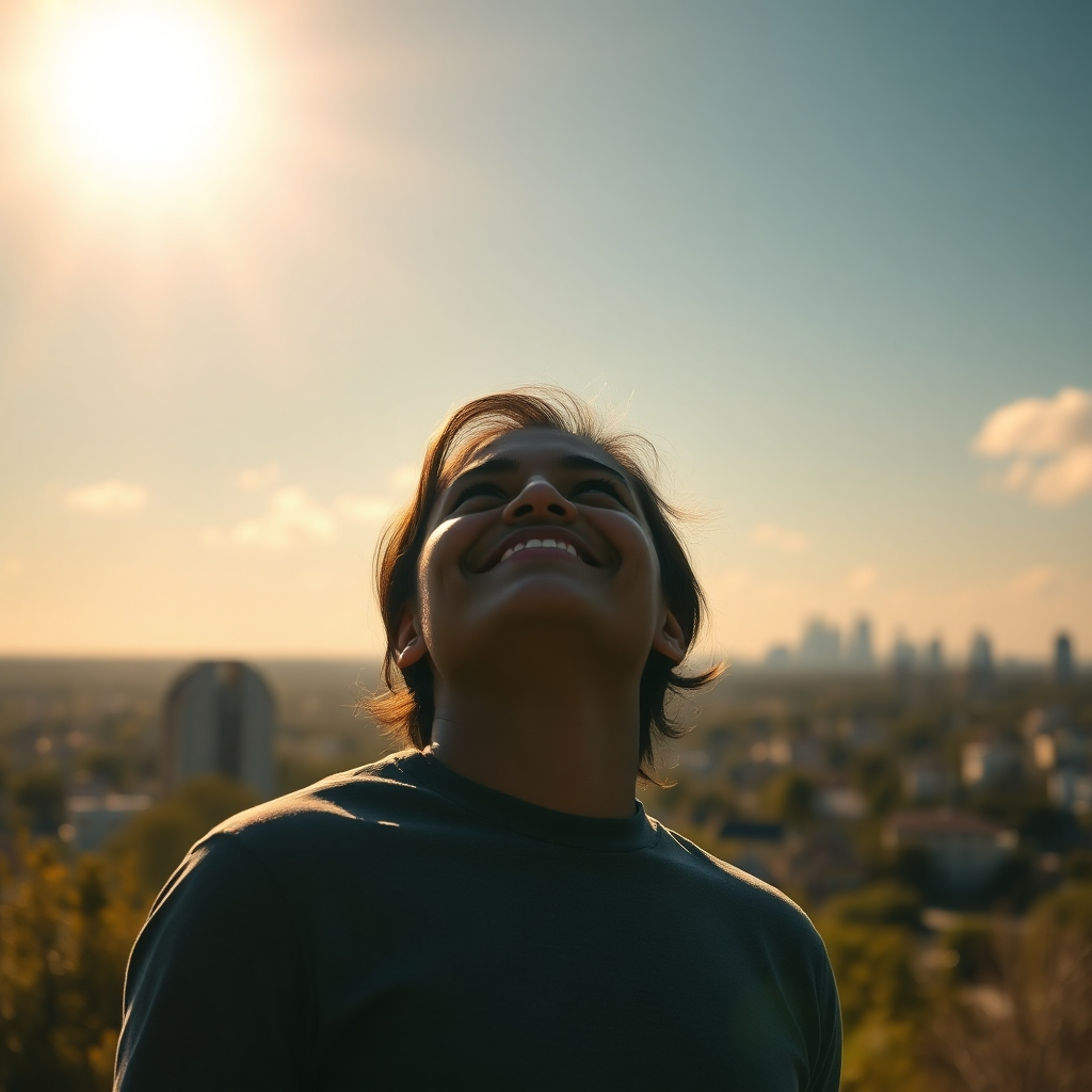 A photorealistic image of a person looking confidently towards a bright future, with elements that symbolize growth and prosperity, such as a rising sun or a cityscape growing toward the sky. The lighting should be warm and inviting, suggesting a hopeful and positive future. The mood should be optimistic and confident. The focus should be on a promising future and growth opportunities.