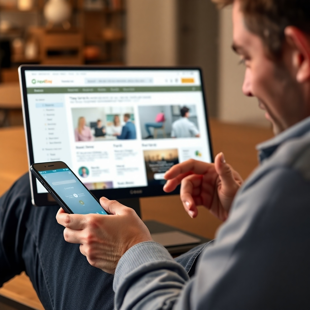 A photorealistic image of a person using a website or app, showcasing ease of navigation and user experience. Focus on smooth transitions, intuitive interface elements, and user interaction. Focus on positive body language and a happy user experience. Use realistic lighting and focus on detail.