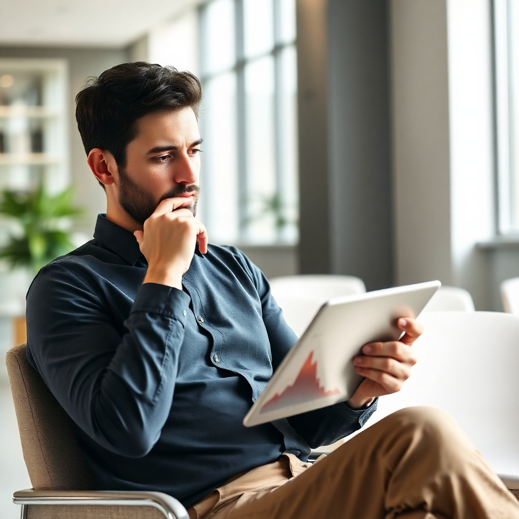 A photorealistic image of a person looking thoughtfully at a tablet displaying a complex graph that represents business growth. The person should be sitting in a modern, well-lit office space. The lighting should be natural and soft. The mood should be one of contemplation and determination, reflecting the importance of strategic planning in the digital age. The image should emphasize the complexity and opportunity of the digital world.