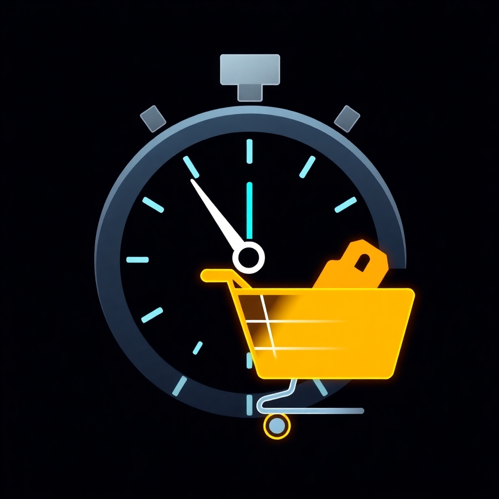 A stylized image combining elements of a clock (representing 24/7 availability) and a shopping cart (representing sales). The overall style should be futuristic and minimalist, using sleek lines and vibrant colors. Aim for a clean and modern look, with sharp lines and clear typography. The image should clearly communicate the message of continuous sales and revenue generation.