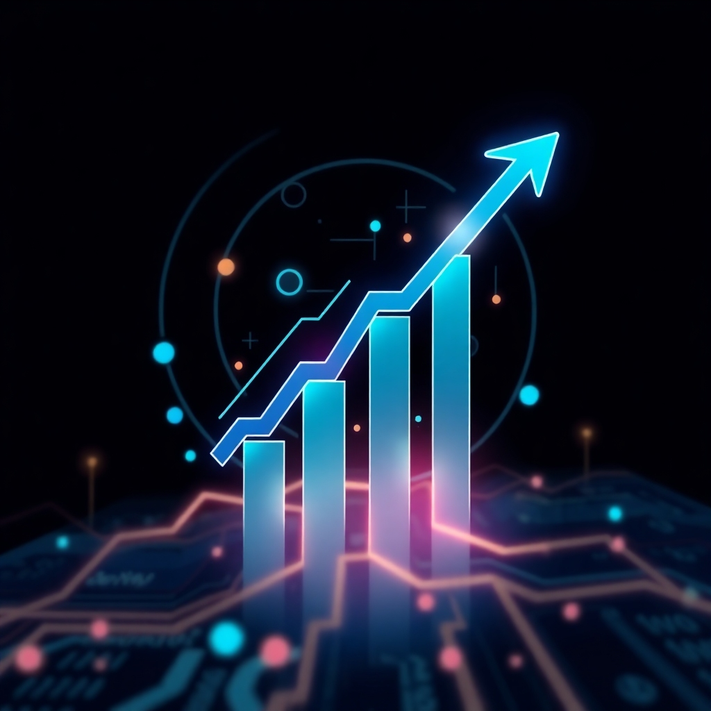 A stylized image depicting a futuristic concept or a symbol of innovation and technological advancement, showing constant growth and development. The image could incorporate elements of data flow, futuristic design, or growth charts. Use a palette that reflects creativity, and energy. Show that your company is progressive and focused on the future.