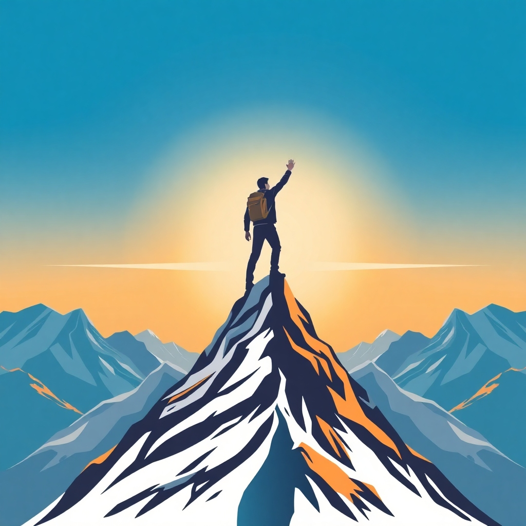 A stylized image of a person reaching the peak of a mountain, suggesting achieving success and goals. The style should be inspirational and empowering, evoking a feeling of achievement. The design should be visually stunning and meaningful, inspiring a feeling of accomplishment. The focus should be on success and achieving goals.