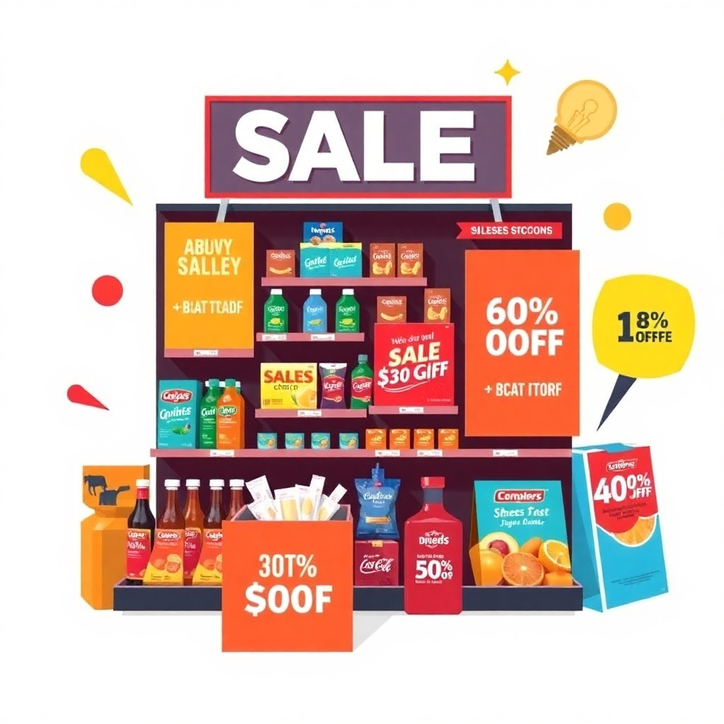 A stylized image that combines product displays with promotional banners and marketing symbols. The colors should be eye-catching and the designs should clearly represent sales promotions. Visual elements should highlight discount and promotions. The overall style should be attention-grabbing, emphasizing visual appeal and strong calls to action.