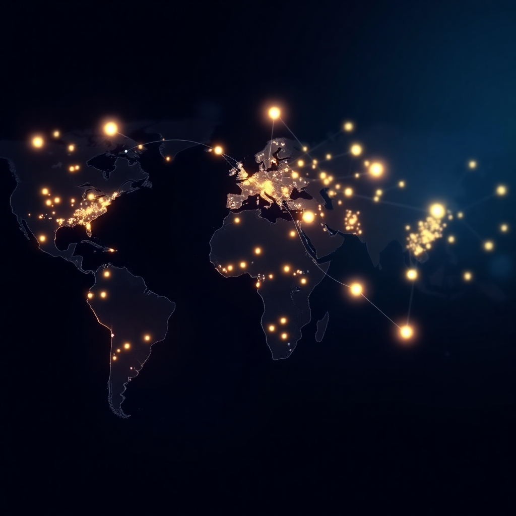 A world map with glowing dots or lines representing customer locations connected to a central point (the e-commerce website). The overall style should be both realistic and abstract, focusing on connectivity and global reach. The map should accurately depict global distribution, suggesting a global audience. The style should be slightly futuristic and modern.
